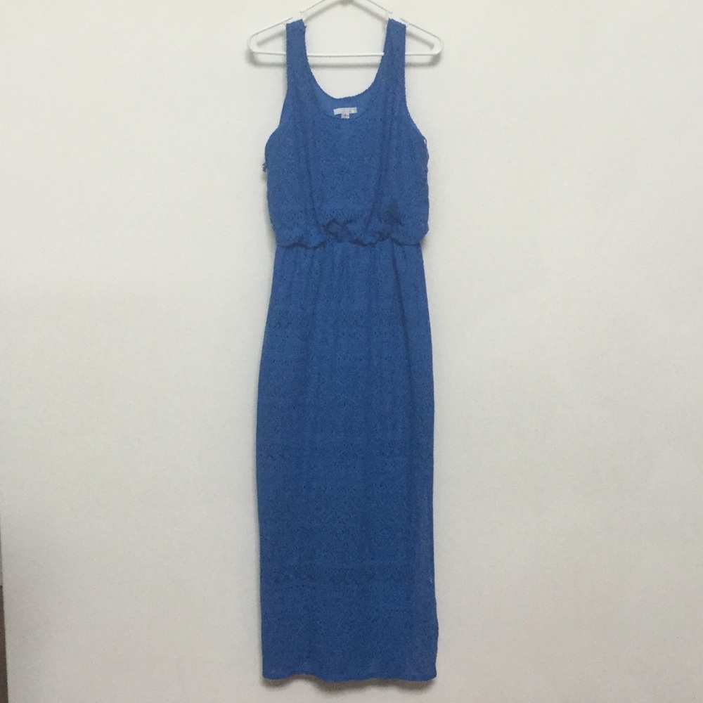 London Style Collection Blue Crochet Maxi Dress Size M Spring Summer Lightweight